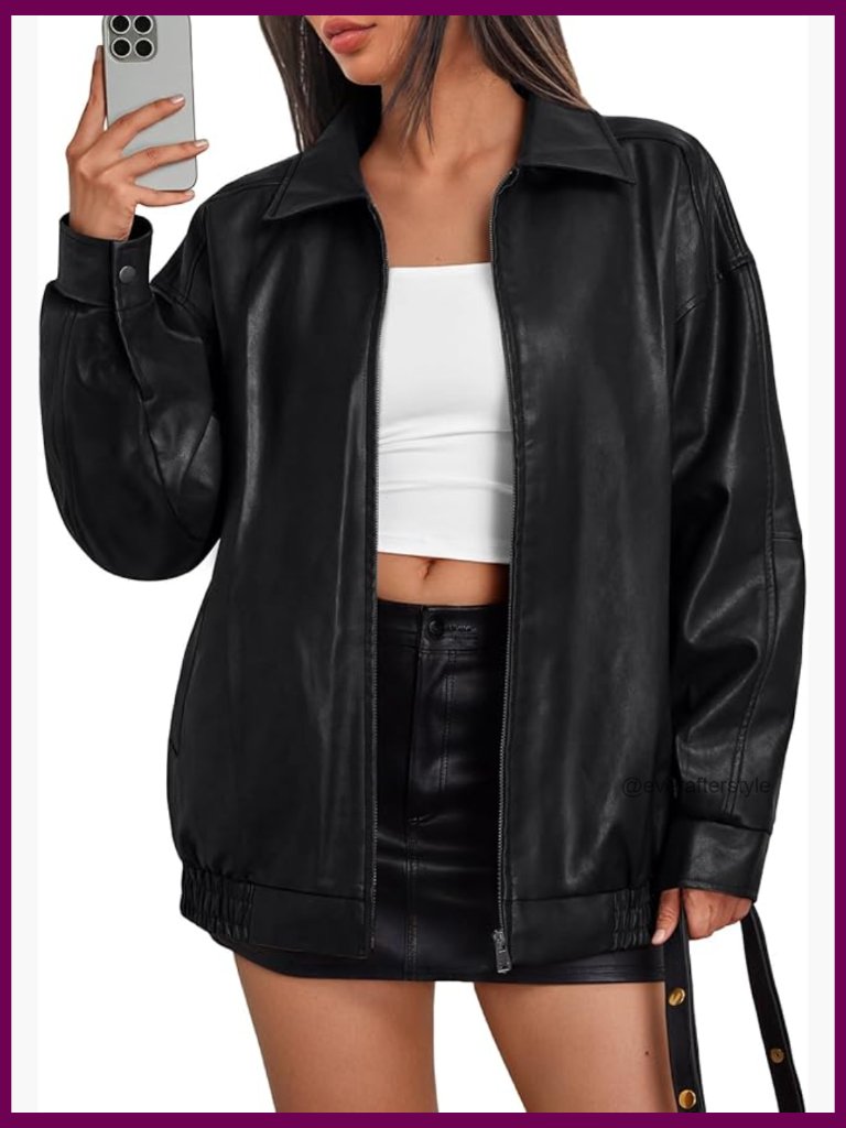 Oversized Faux Leather Moto Bomber Jacket For Spring Fall
